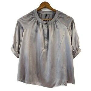 T Tahari Grey 100% Silk Blouse Jewels Short Sleeves XS Silky Flowy Dressy Bling